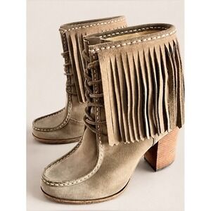 Frye Parker Fringe Suede Ankle Boots Boho Western Anthropologie 7.5M Taupe Brown